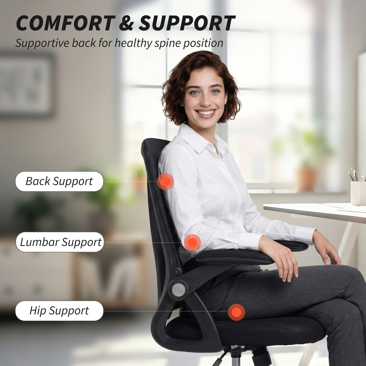 Mesh Fabric Home And Office Chair 59.5cm Wide With Flip Up Armrest - Velmora
