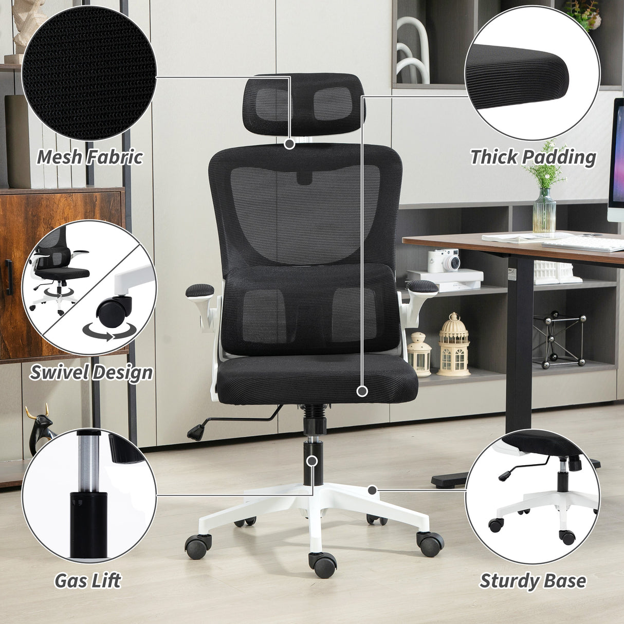 Mesh Fabric Home And Office Chair 60cm Wide With Headrest - Velmora