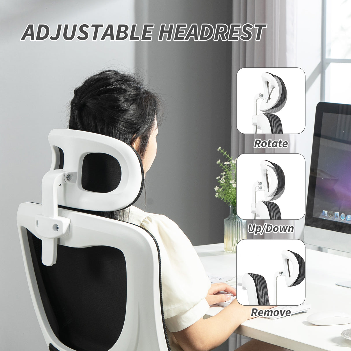 Mesh Fabric Home And Office Chair 60cm Wide With Headrest - Velmora