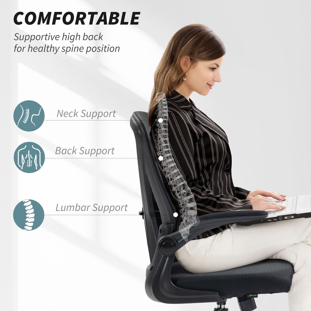 Mesh Fabric Home And Office Chair 62cm Wide With Flip Up Armrest - Velmora