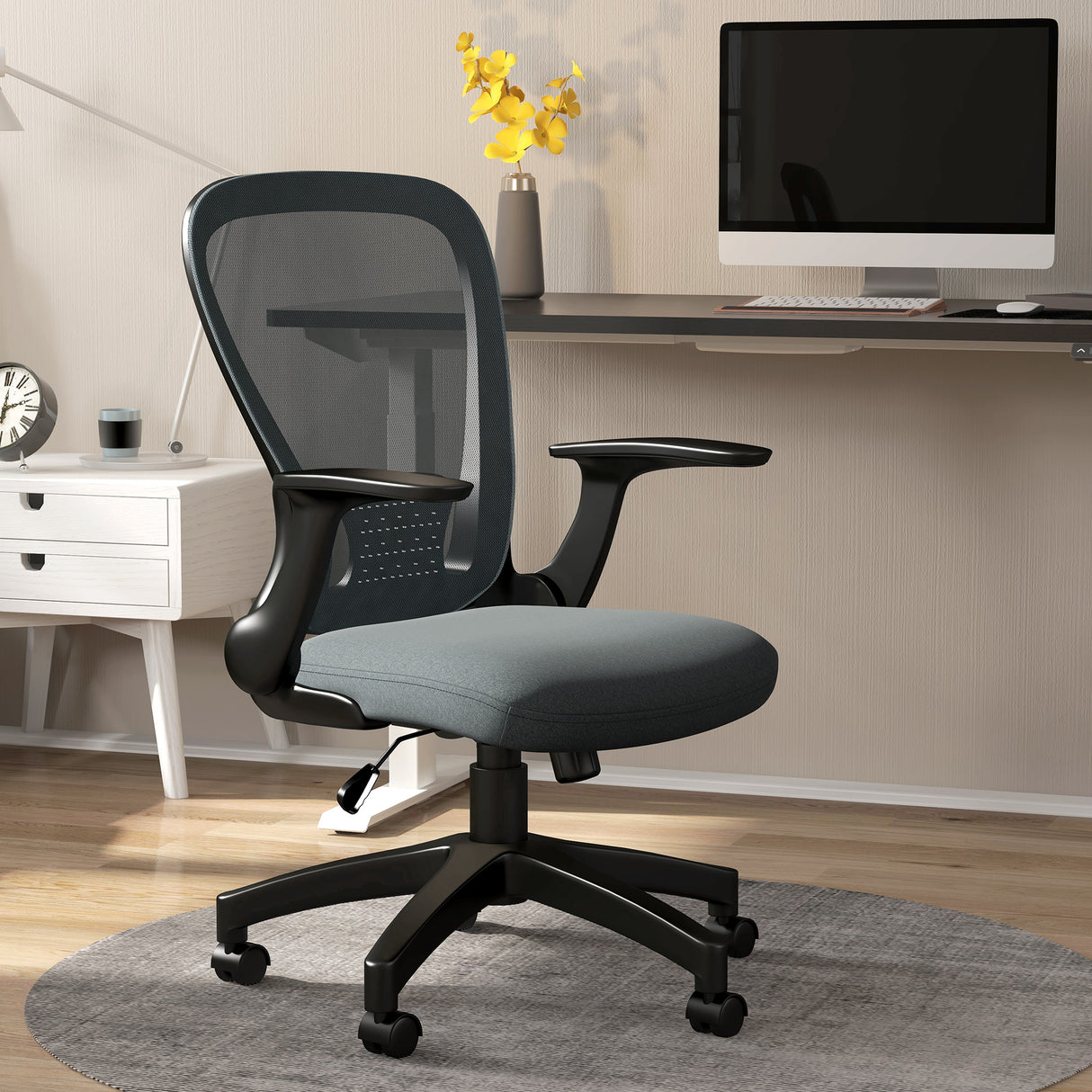 Mesh Fabric Home And Office Chair 63cm Wide With Flip Up Armrest - Velmora