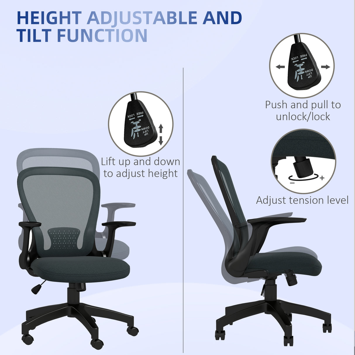 Mesh Fabric Home And Office Chair 63cm Wide With Flip Up Armrest - Velmora