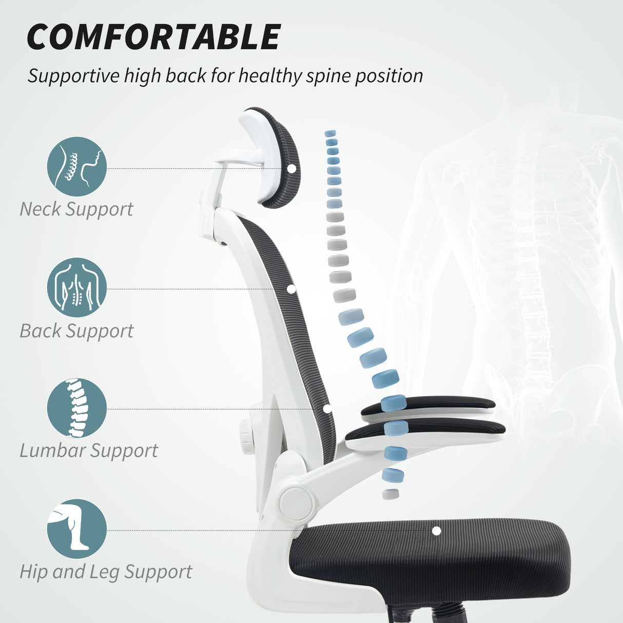 Mesh Fabric Home And Office Chair 64cm Wide With Flip Up Armrest - Velmora