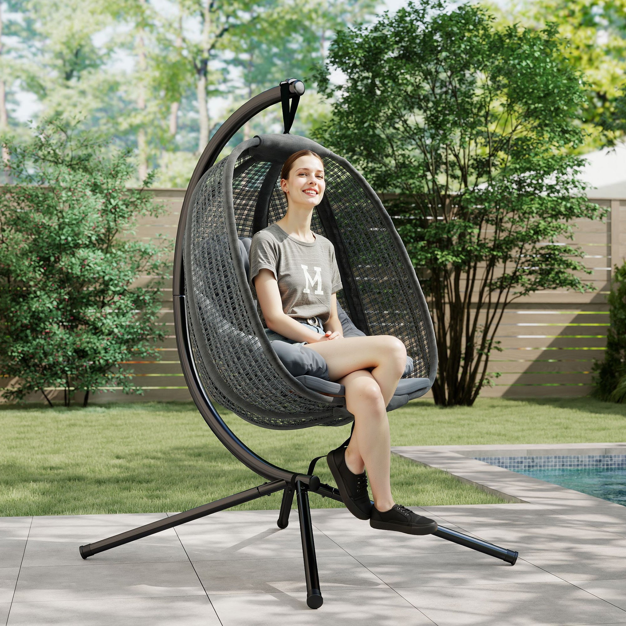 Mesh Fabric Outdoor Swing Chair With Thick Padded Cushion - Velmora
