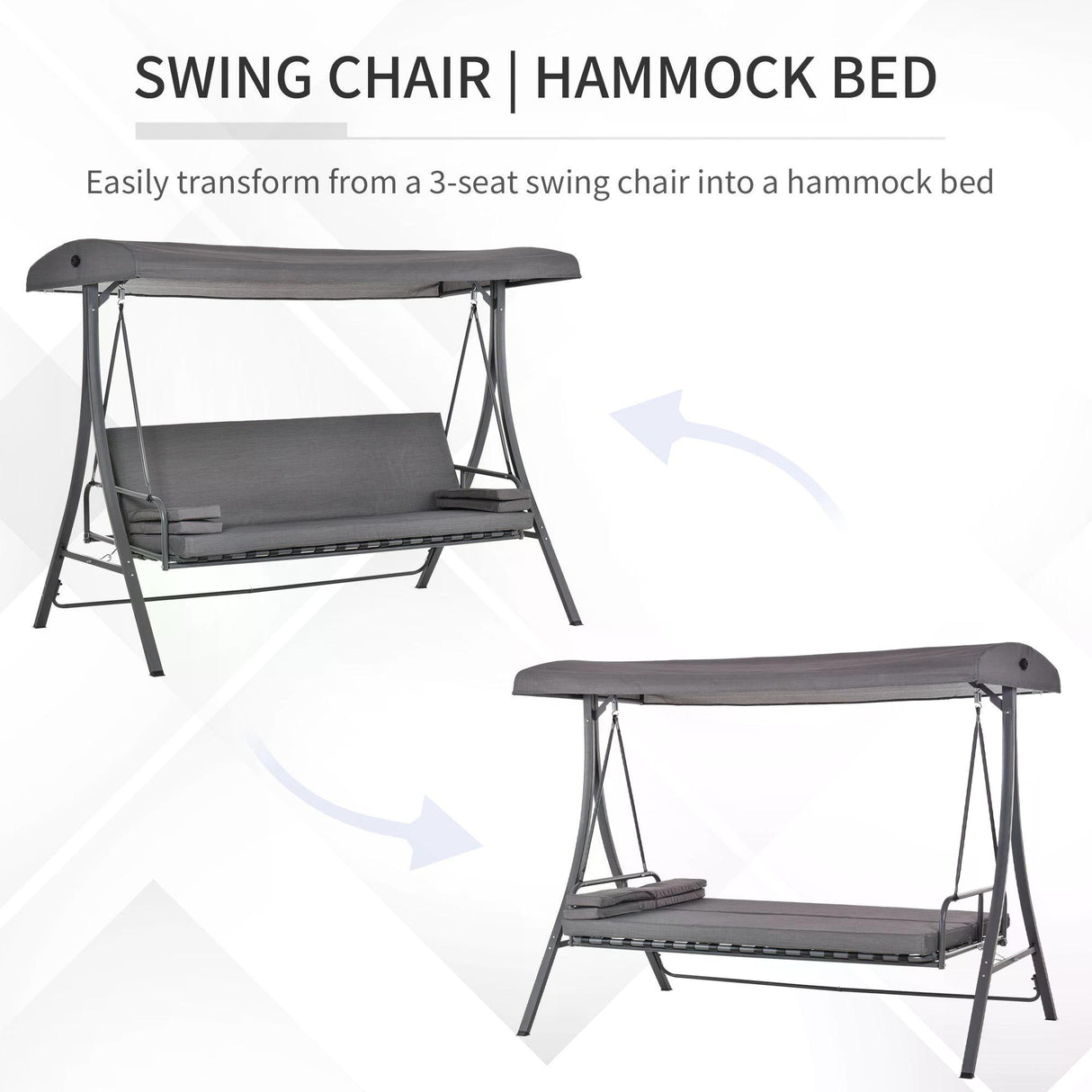 Metal 2 in 1 Patio 3 Seater Swing Chair Hammock With Adjustable Canopy - Velmora