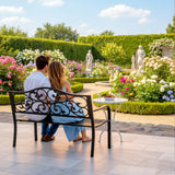 Metal 2 Seater Garden Bench With Floral Backrest and Armrests - Velmora