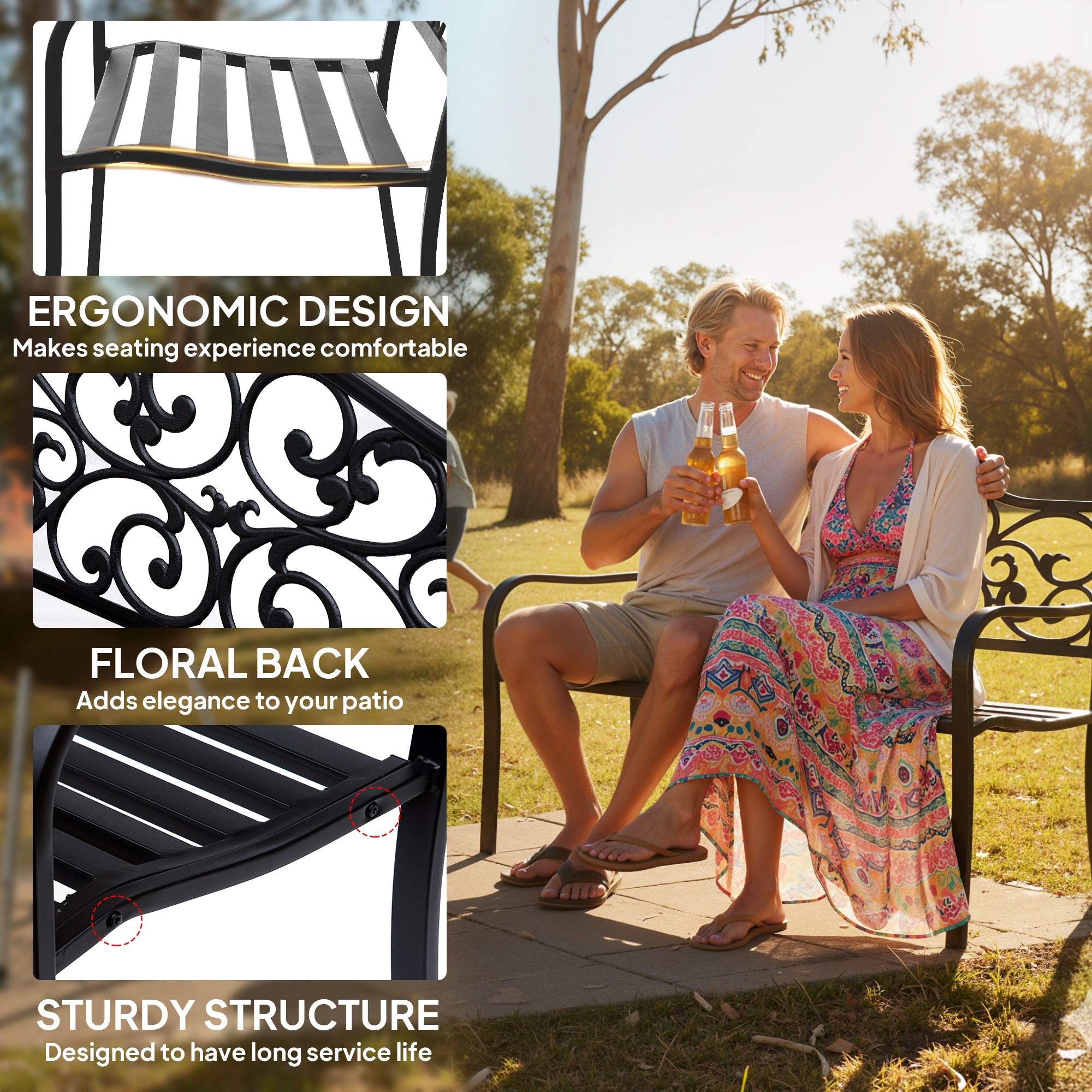 Metal 2 Seater Garden Bench With Floral Backrest and Armrests - Velmora