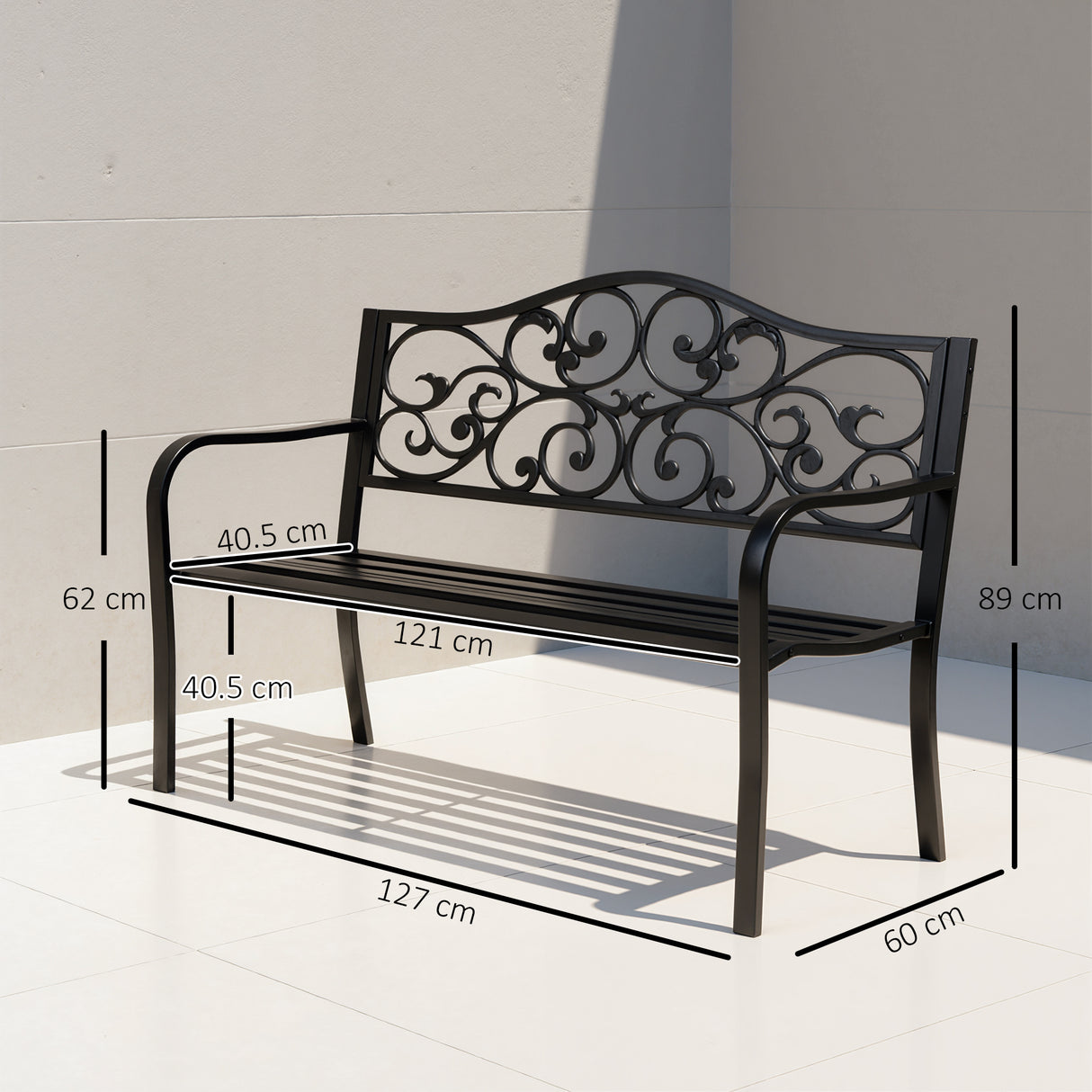 Metal 2 Seater Garden Bench With Floral Backrest and Armrests - Velmora