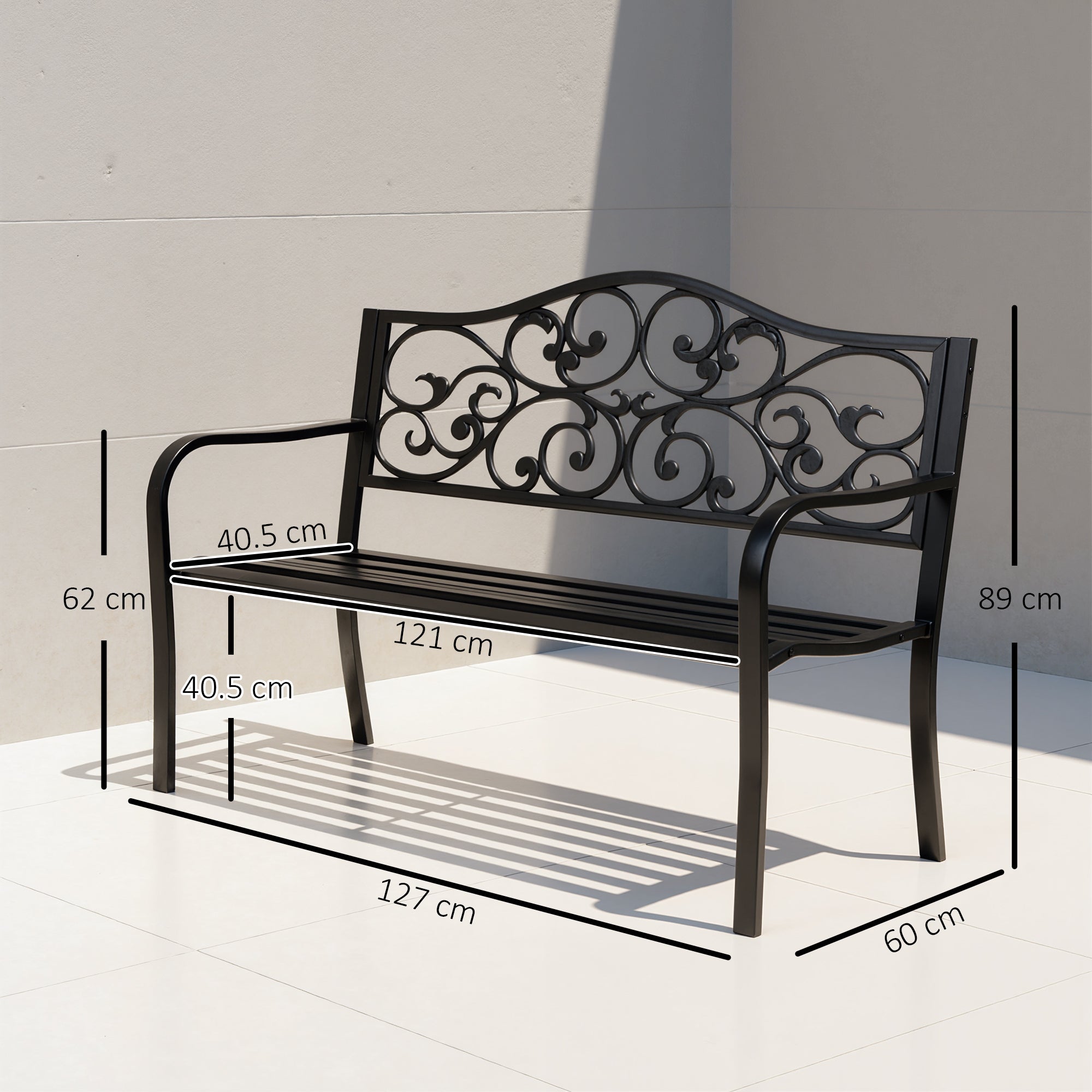 Metal 2 Seater Garden Bench With Floral Backrest and Armrests - Velmora