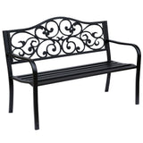 Metal 2 Seater Garden Bench With Floral Backrest and Armrests - Velmora