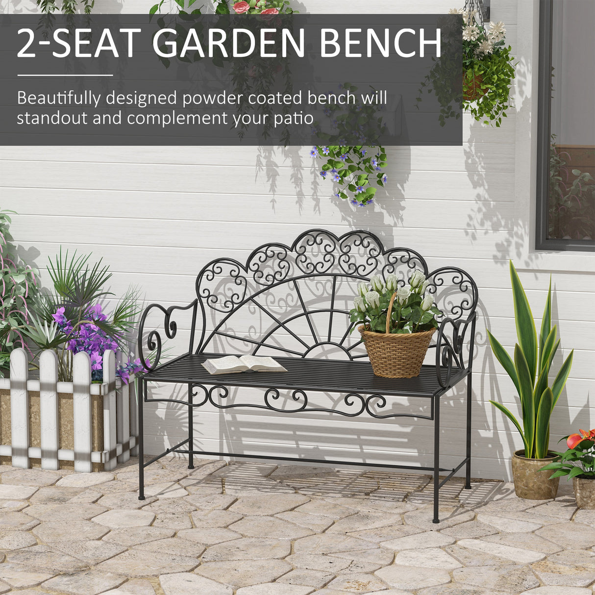 Metal 2 Seater Garden Bench Loveseat With Slatted Seat - Velmora