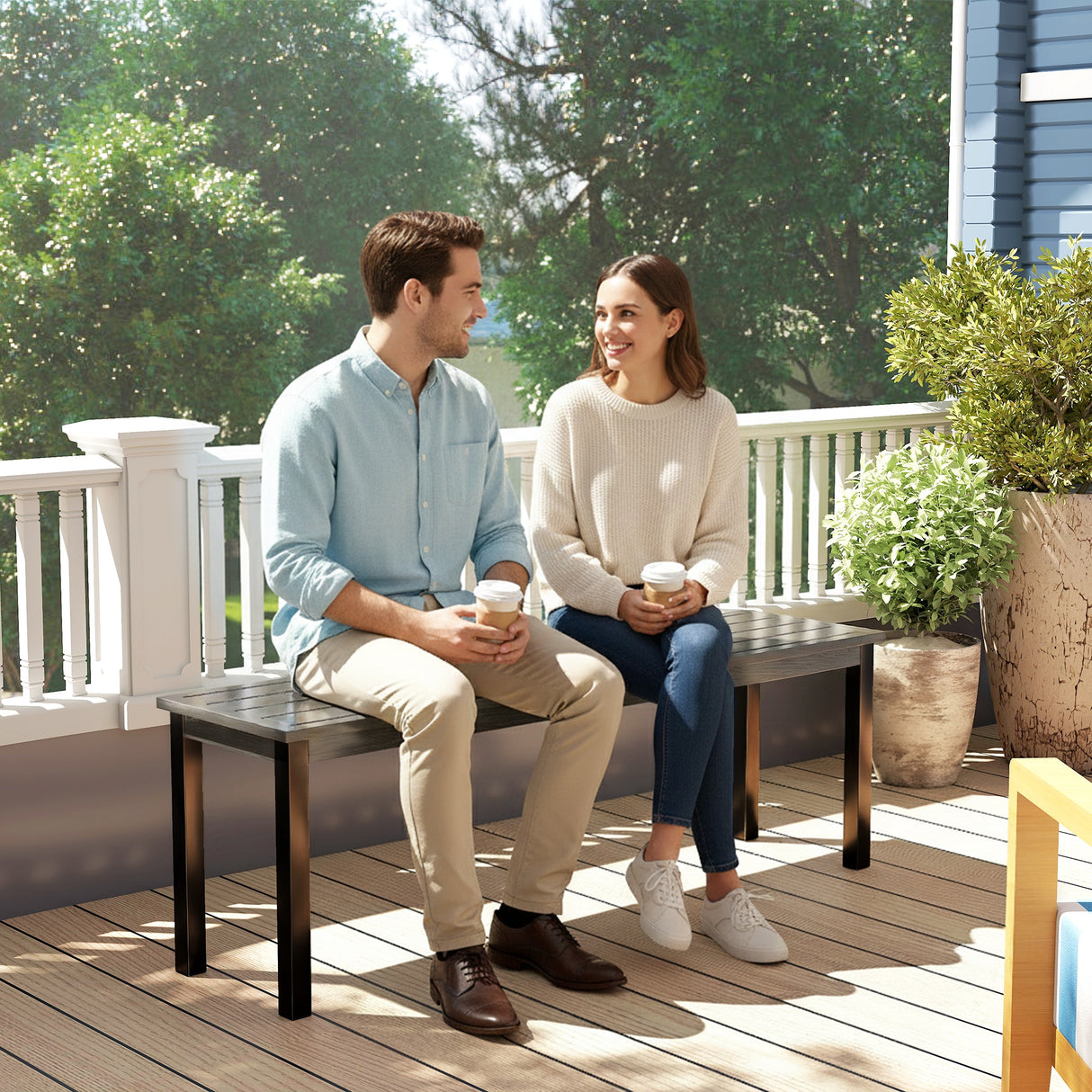 Metal 2 Seater Garden Bench With Wood-Effect Slatted Seat - Velmora