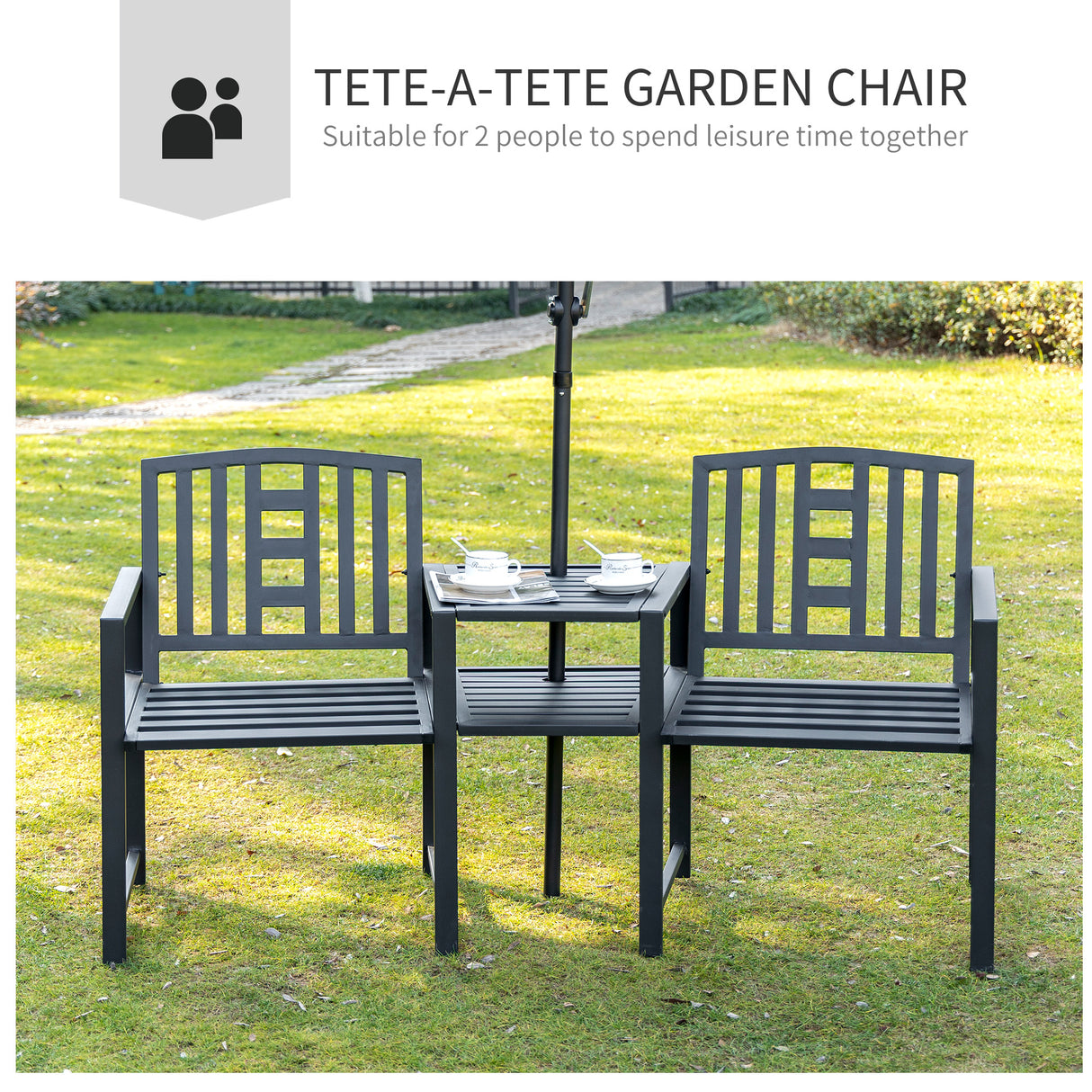 Metal 2 Seater Garden Chair Bench Loveseats With Coffee Table - Velmora