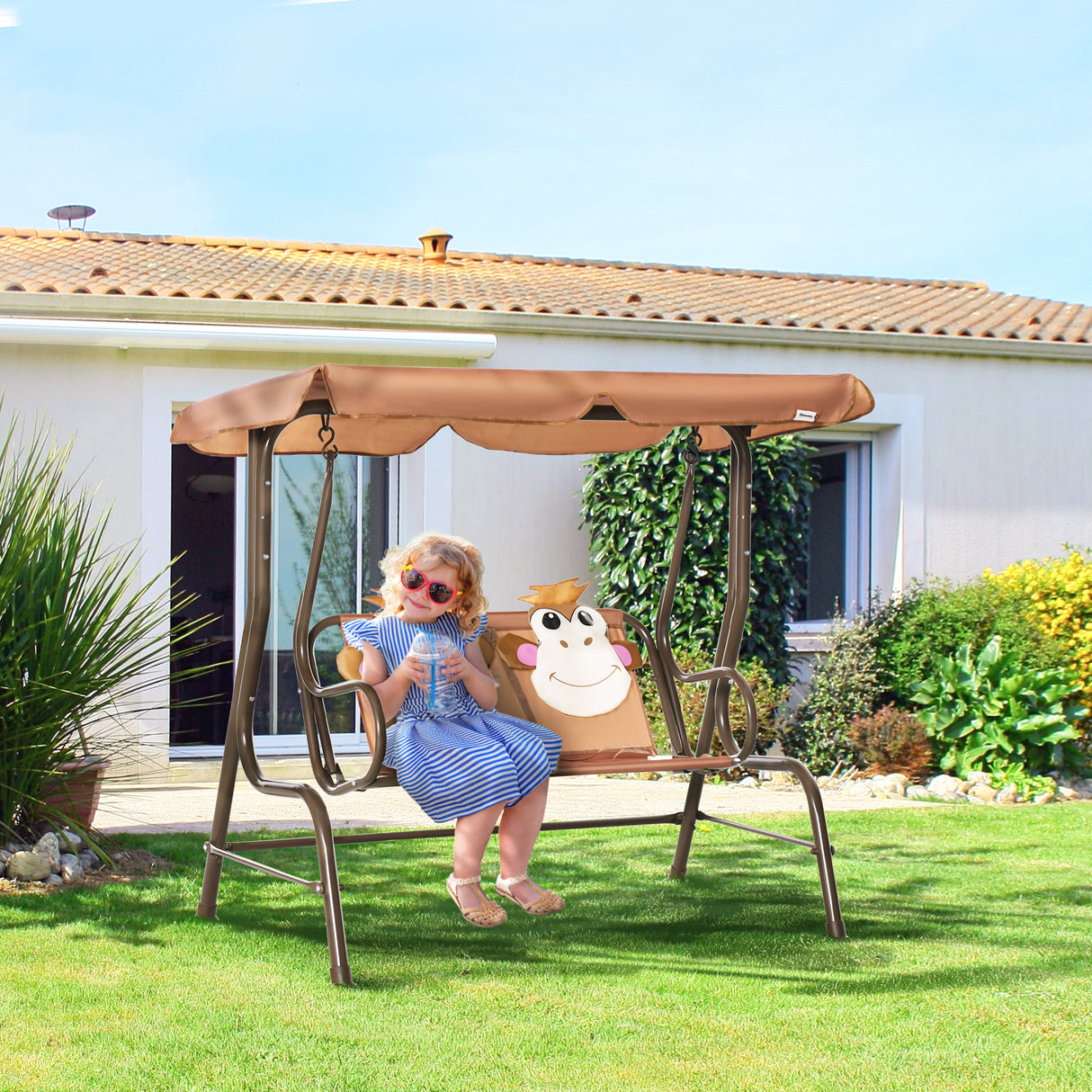 Metal 2 Seater Kids Garden Swing Bench With Adjustable Awning And Seatbelt - Velmora