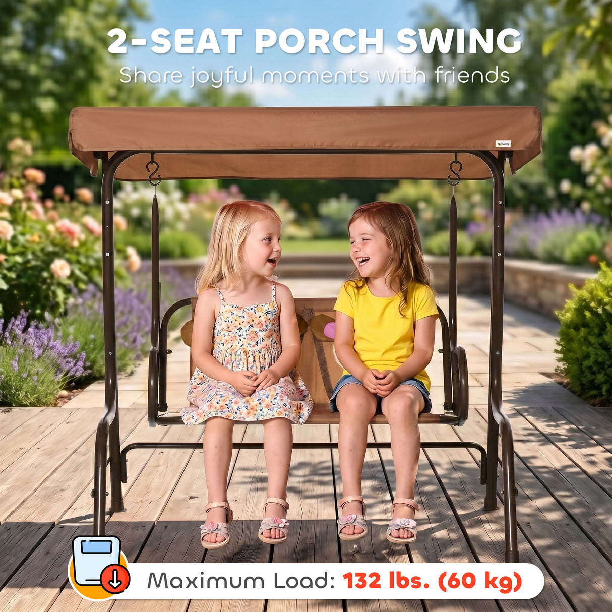 Metal 2 Seater Kids Garden Swing Bench With Adjustable Awning And Seatbelt - Velmora