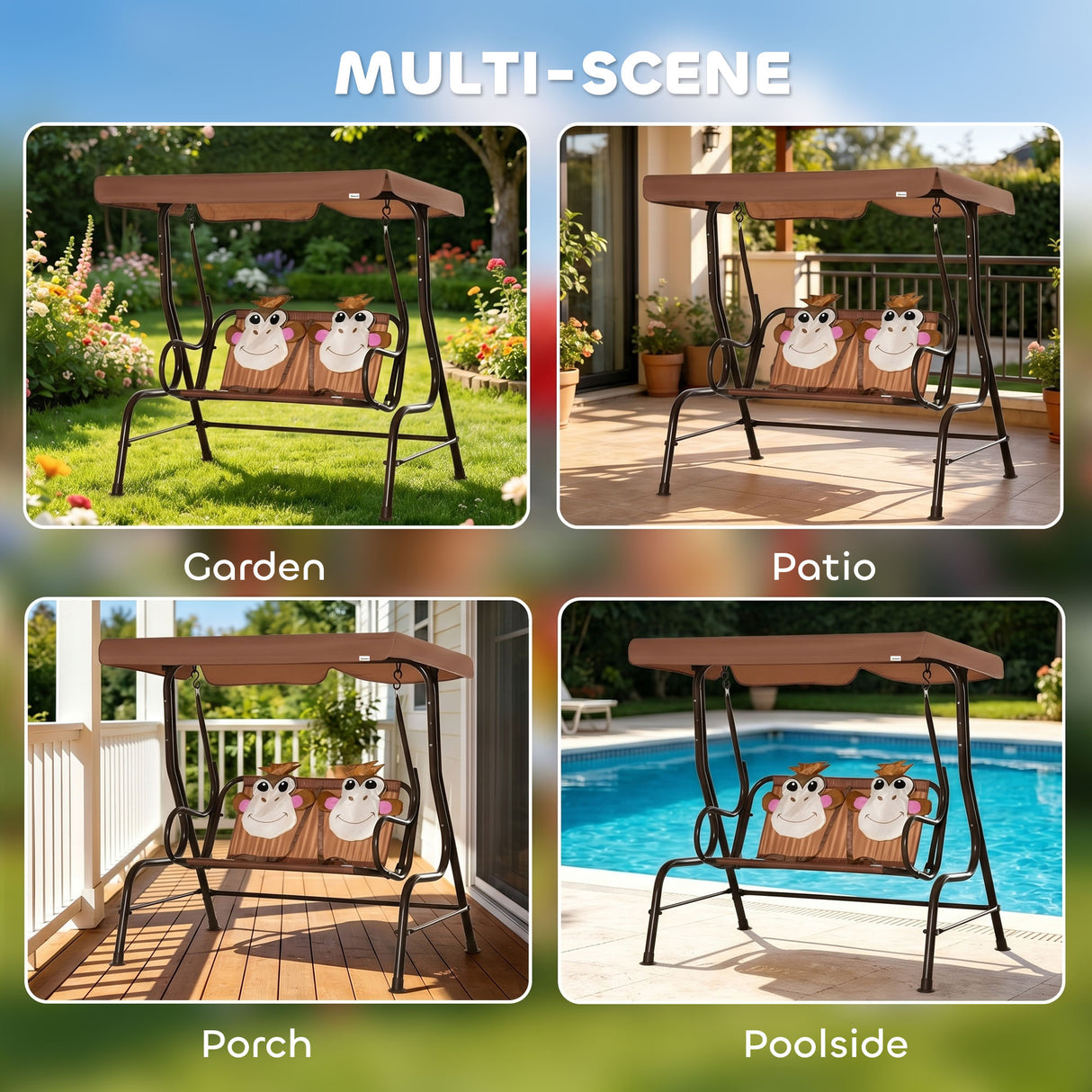 Metal 2 Seater Kids Garden Swing Bench With Adjustable Awning And Seatbelt - Velmora