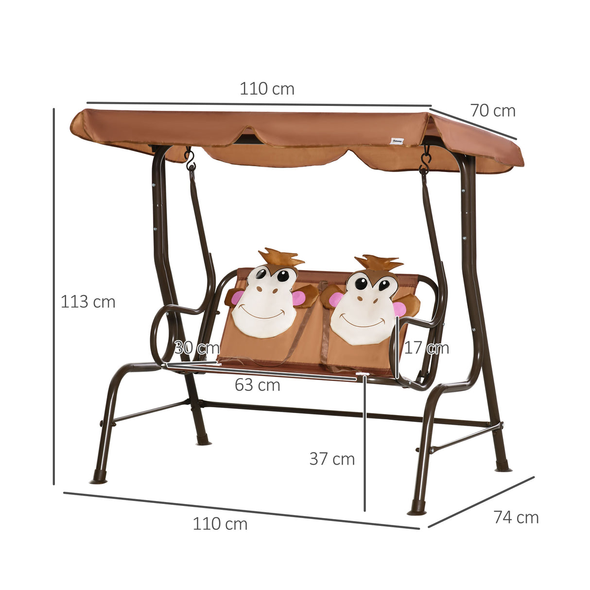 Metal 2 Seater Kids Garden Swing Bench With Adjustable Awning And Seatbelt - Velmora