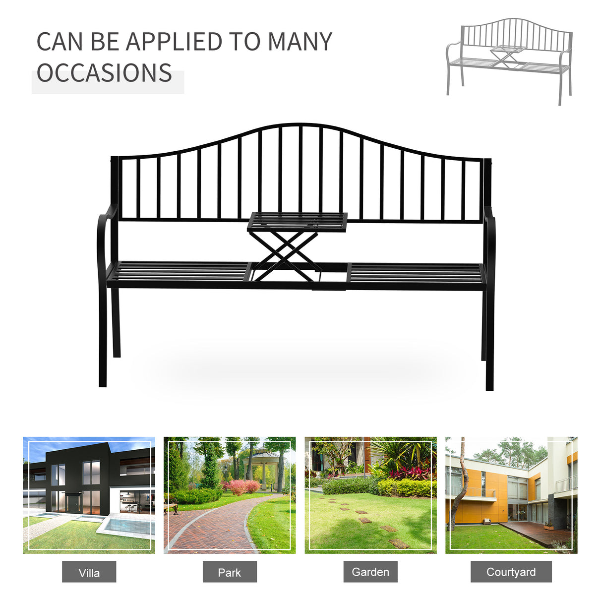 Metal 2 to 3 Seater Garden Bench With Table - Velmora
