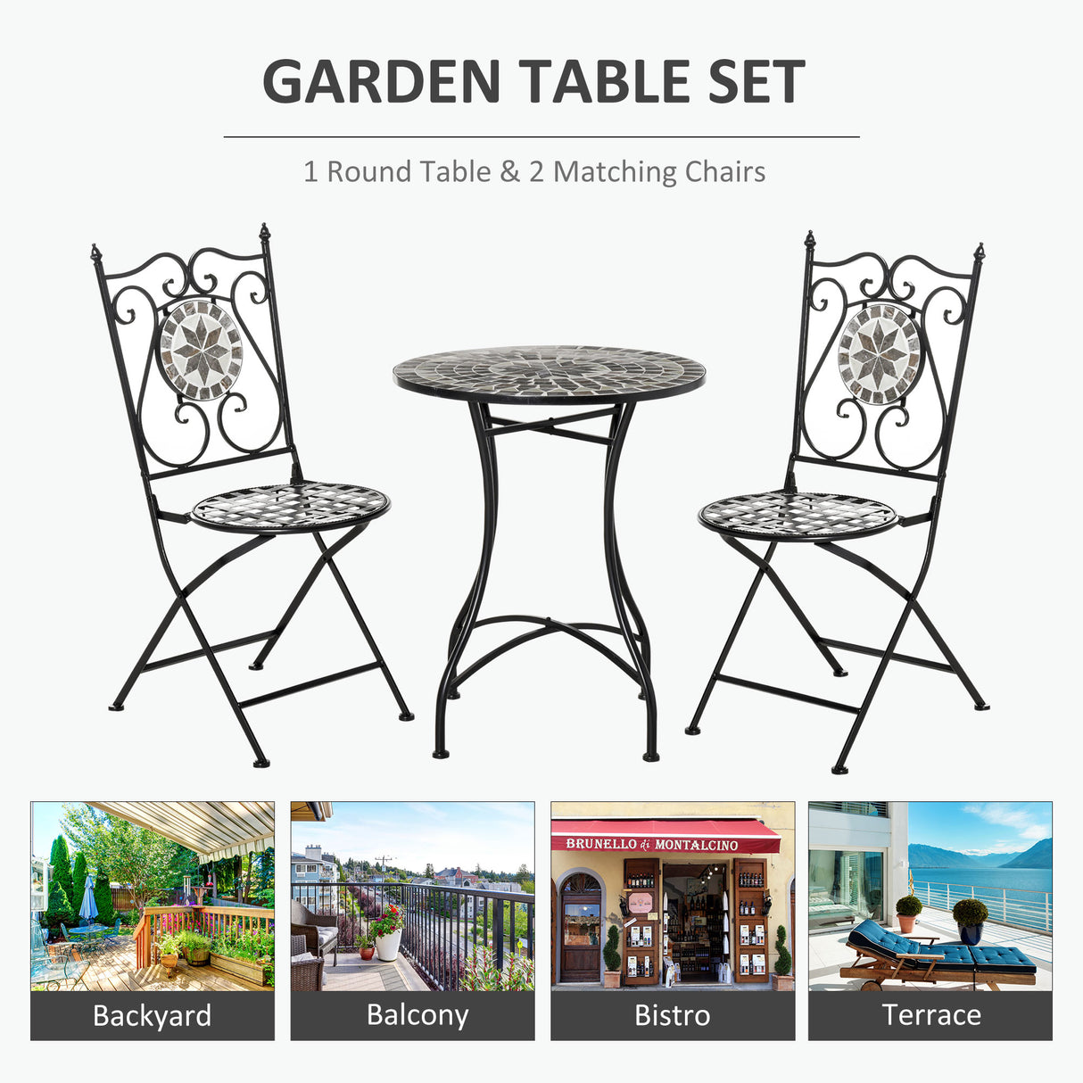 Metal 3 Pieces Garden Bistro Set With 2 Folding Chairs in Mosaic Tiles - Velmora
