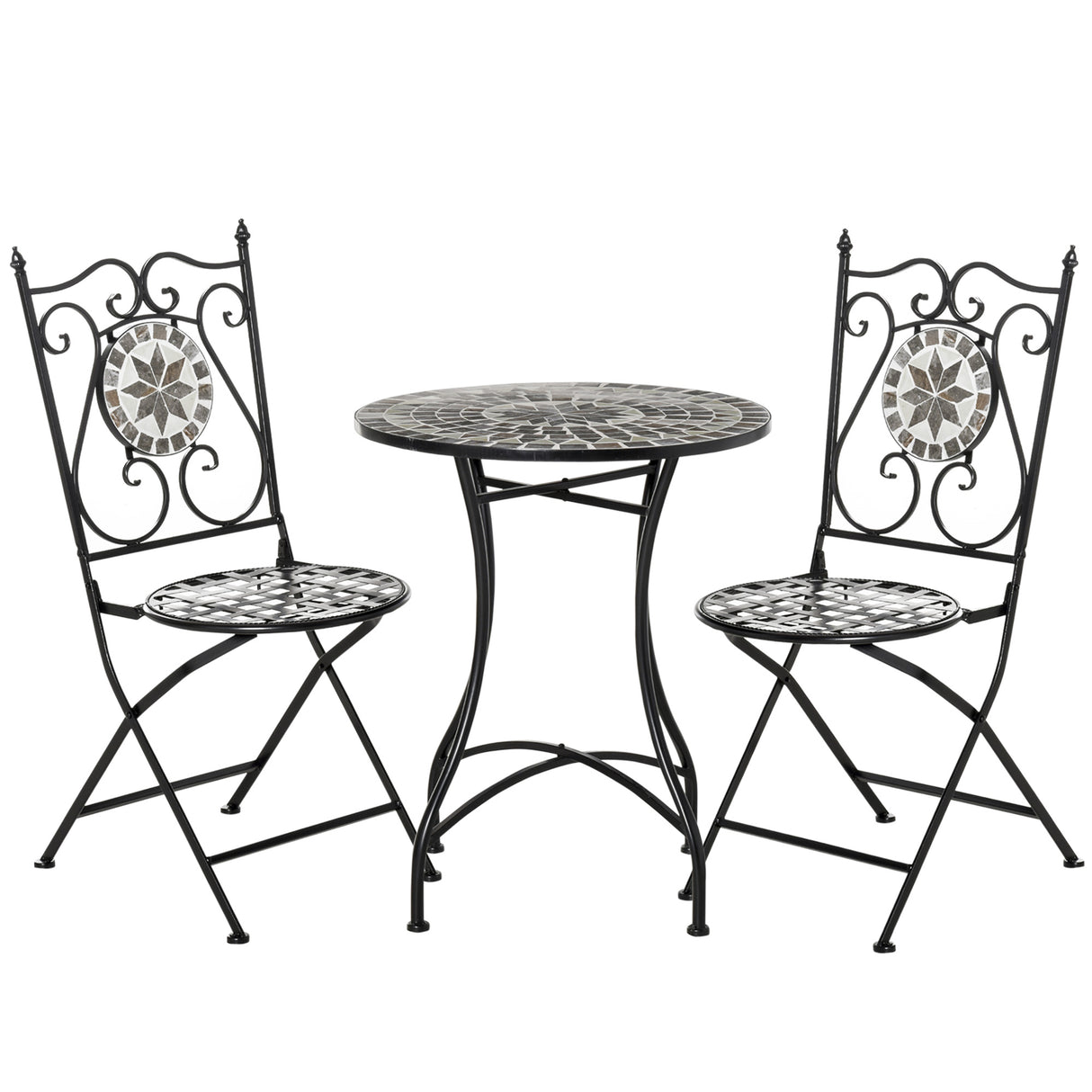 Metal 3 Pieces Garden Bistro Set With 2 Folding Chairs in Mosaic Tiles - Velmora