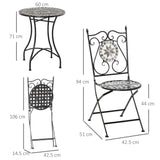 Metal 3 Pieces Garden Bistro Set With 2 Folding Chairs in Mosaic Tiles - Velmora