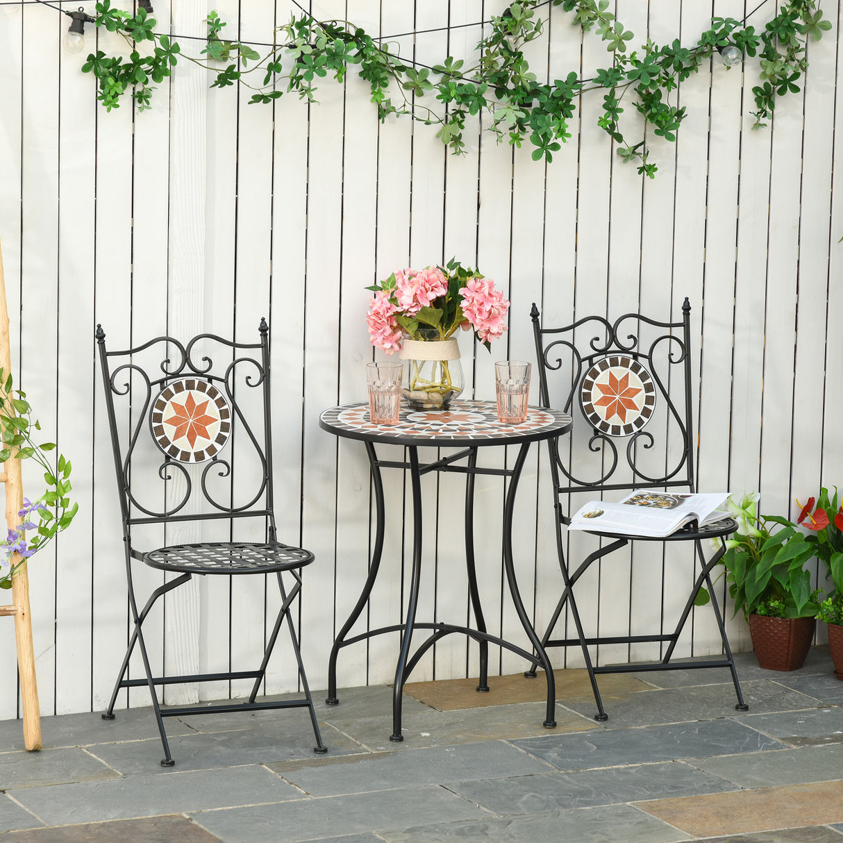 Metal 3 Pieces Garden Bistro Set in Multicolour Mosaic Design - Velmora