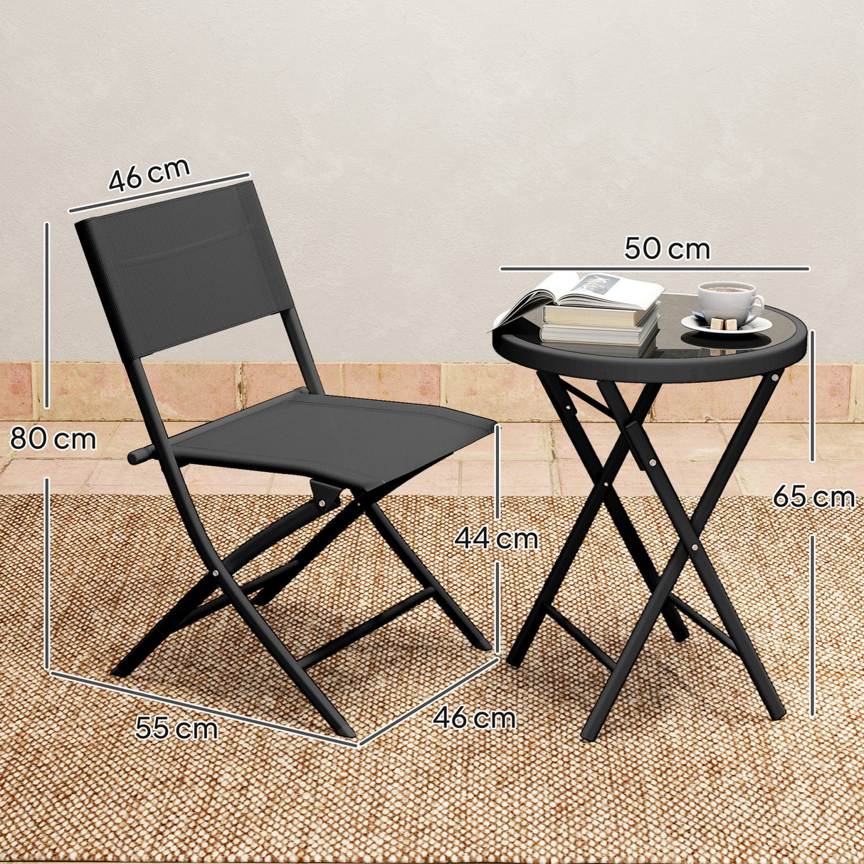 Metal 3 Pieces Garden Bistro Set With Round Glass Table and 2 Folding Chairs - Velmora