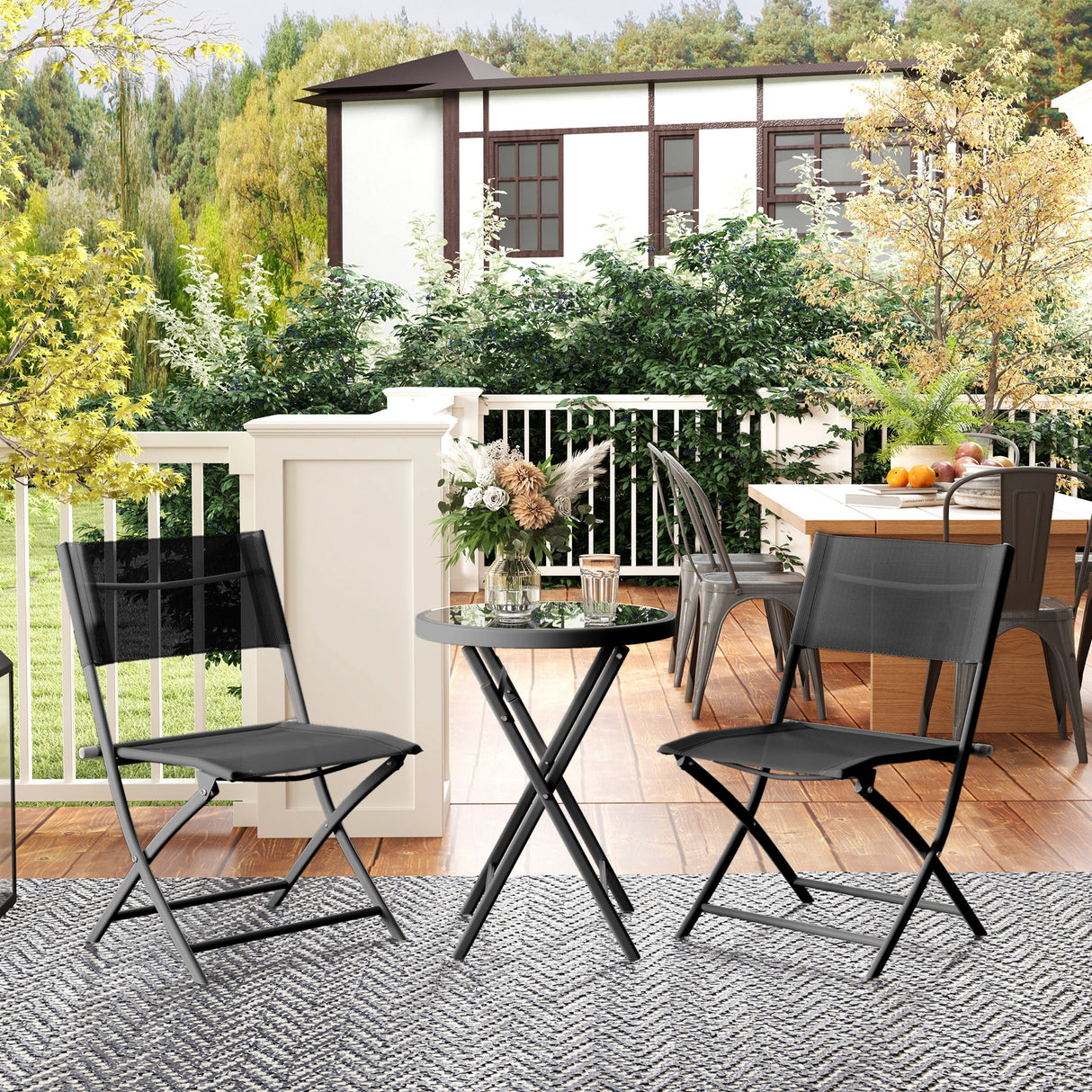 Metal 3 Pieces Garden Bistro Set With Round Glass Table and 2 Folding Chairs - Velmora