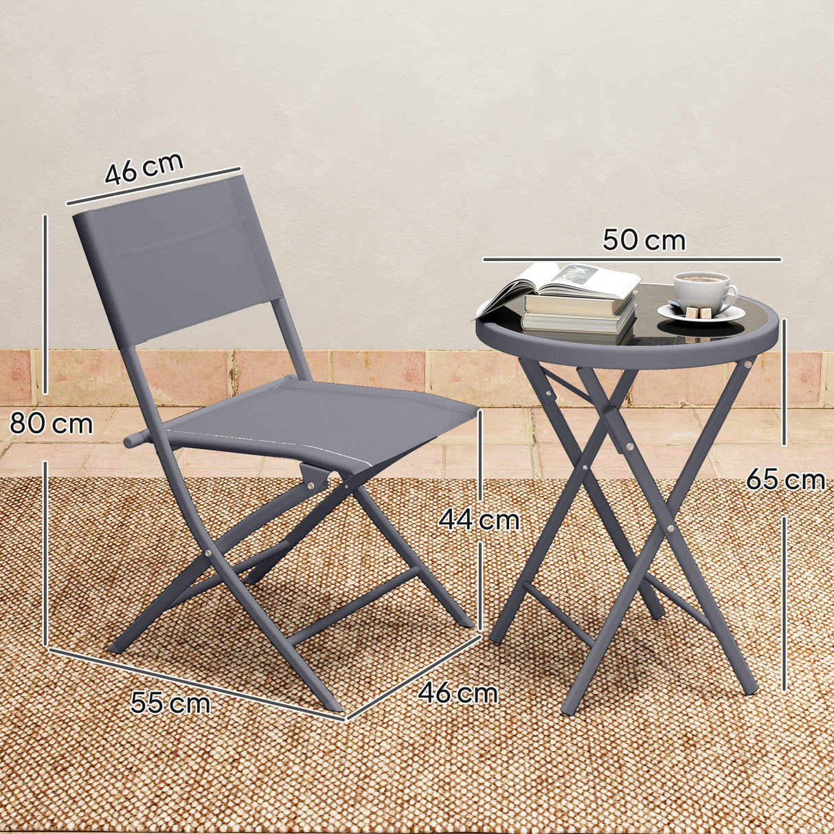 Metal 3 Pieces Garden Bistro Set With Round Glass Table and 2 Folding Chairs - Velmora