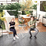 Metal 3 Pieces Garden Bistro Set With Round Glass Table and 2 Folding Chairs - Velmora