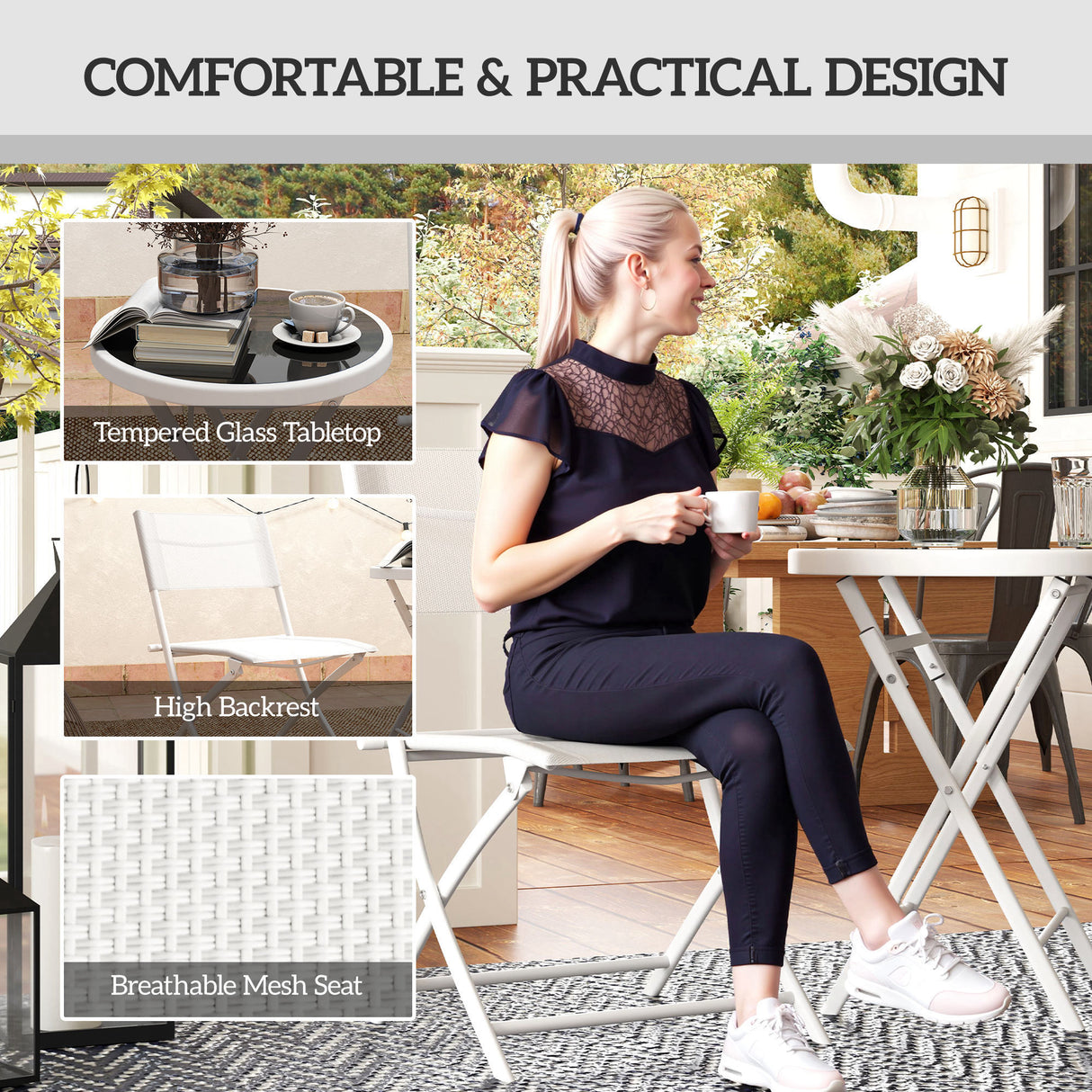 Metal 3 Pieces Garden Bistro Set With Round Glass Table and 2 Folding Chairs - Velmora