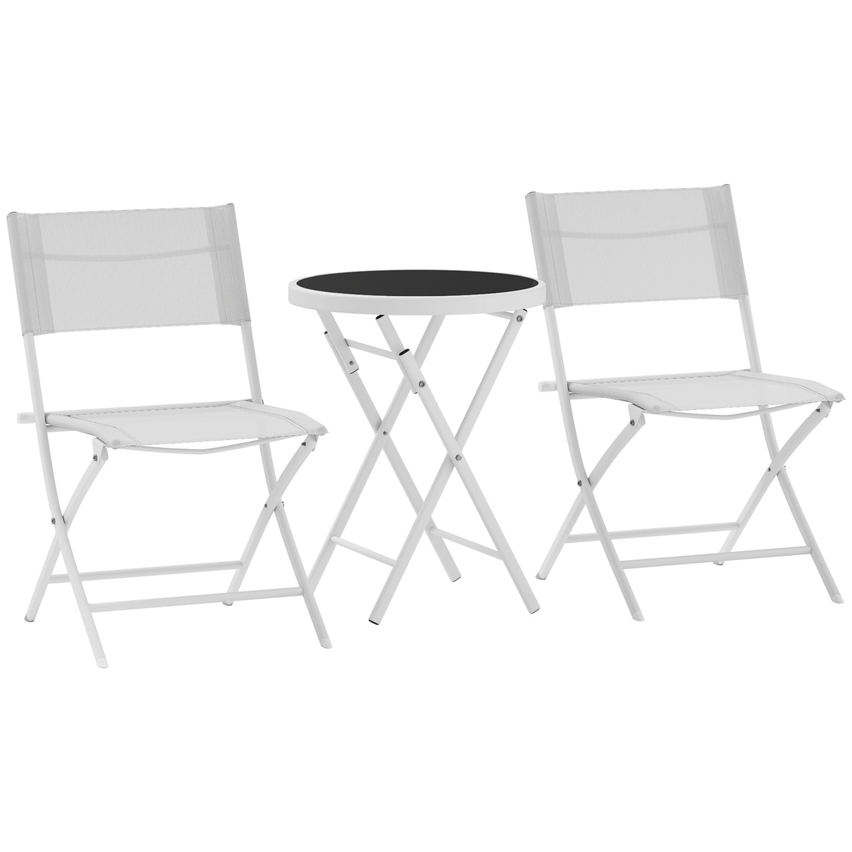 Metal 3 Pieces Garden Bistro Set With Round Glass Table and 2 Folding Chairs - Velmora