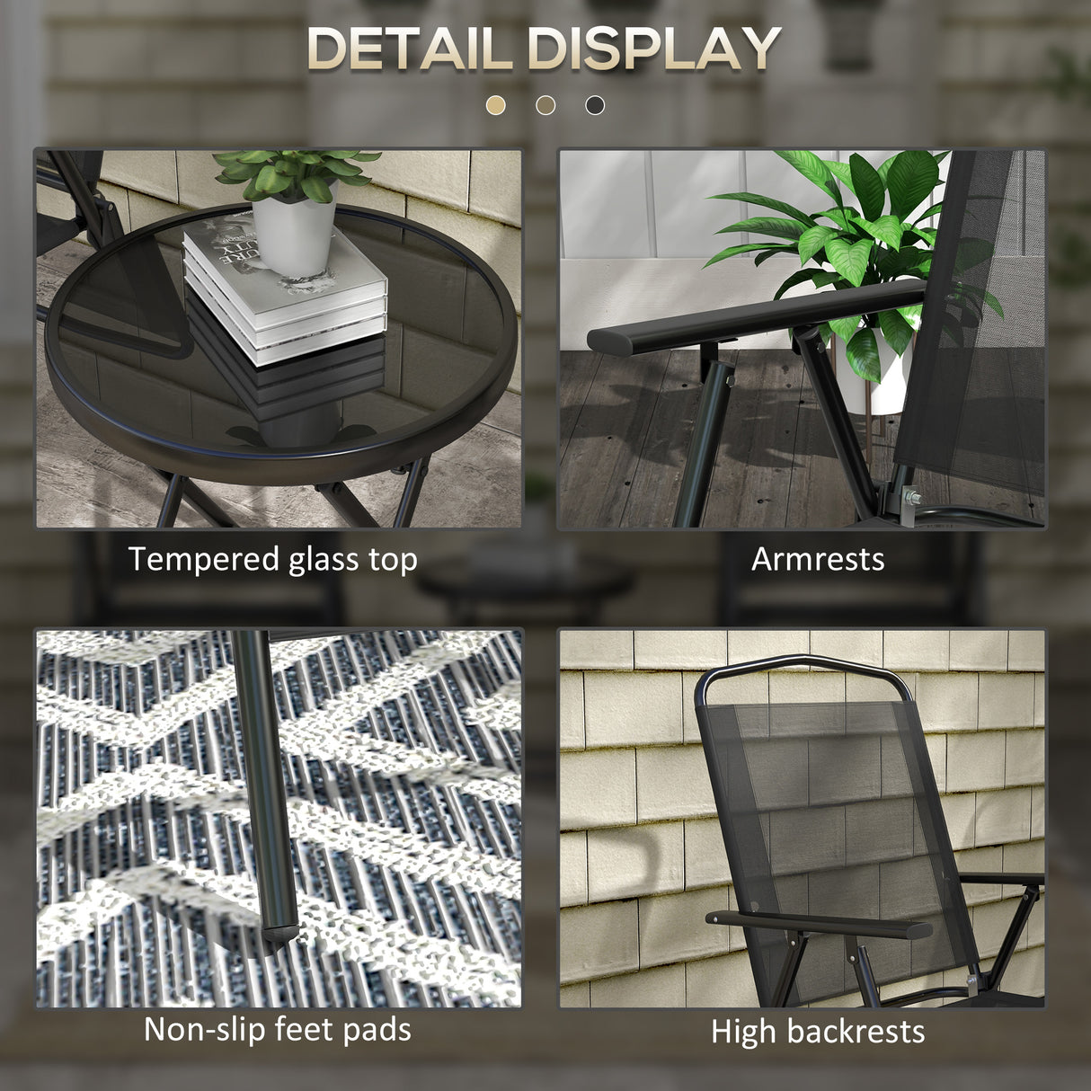 Metal 3 Pieces Garden Bistro Set With Round Glass Top Table - Velmora