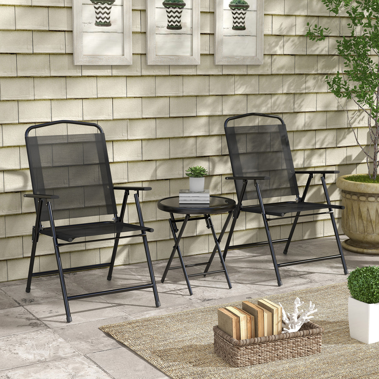 Metal 3 Pieces Garden Bistro Set With Round Glass Top Table - Velmora