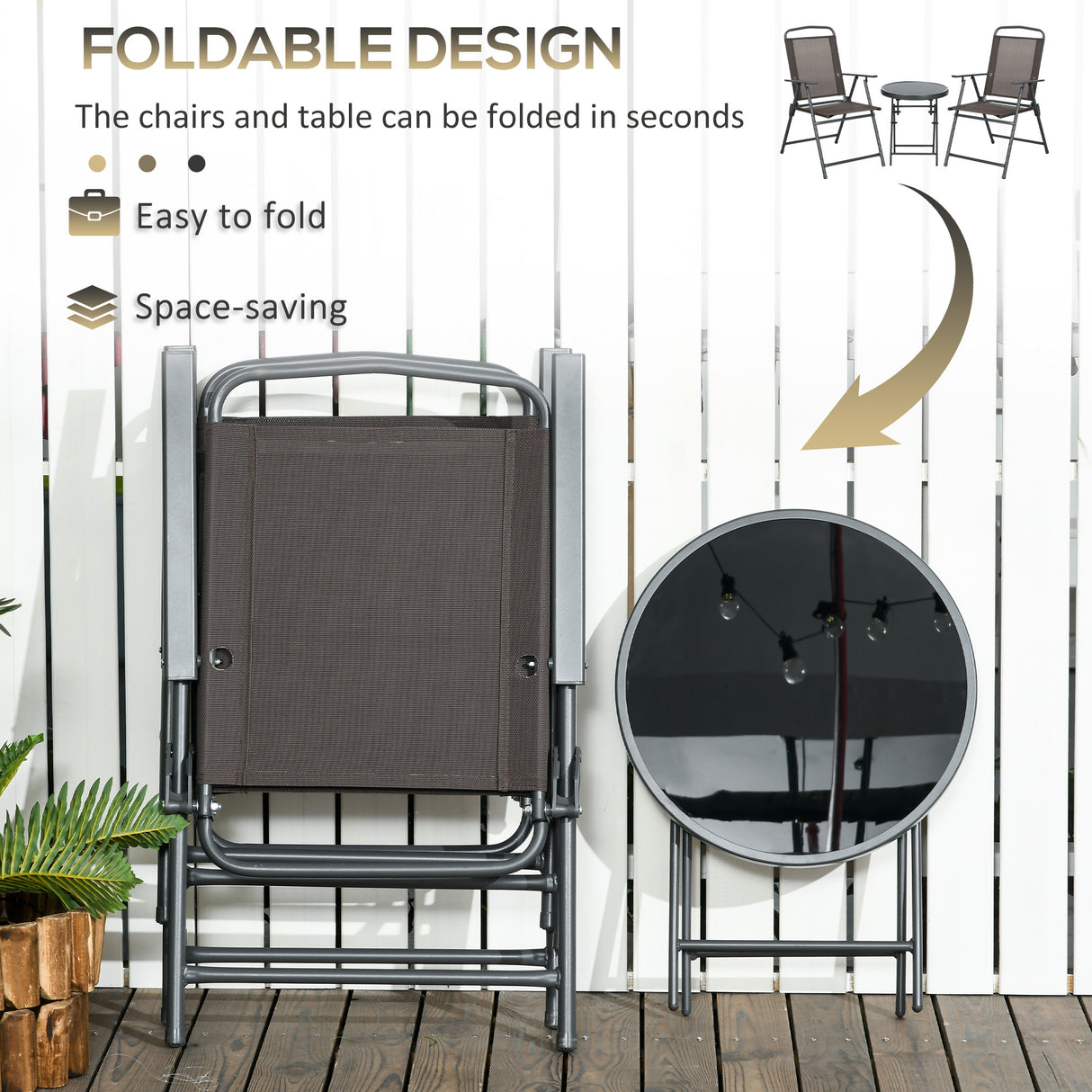 Metal 3 Pieces Garden Bistro Set With Round Glass Top Table - Velmora