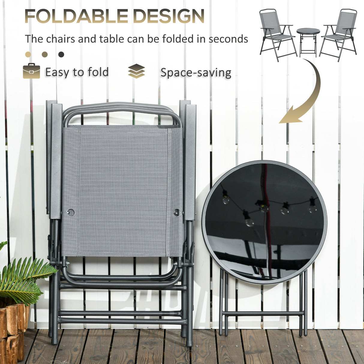 Metal 3 Pieces Garden Bistro Set With Round Glass Top Table - Velmora