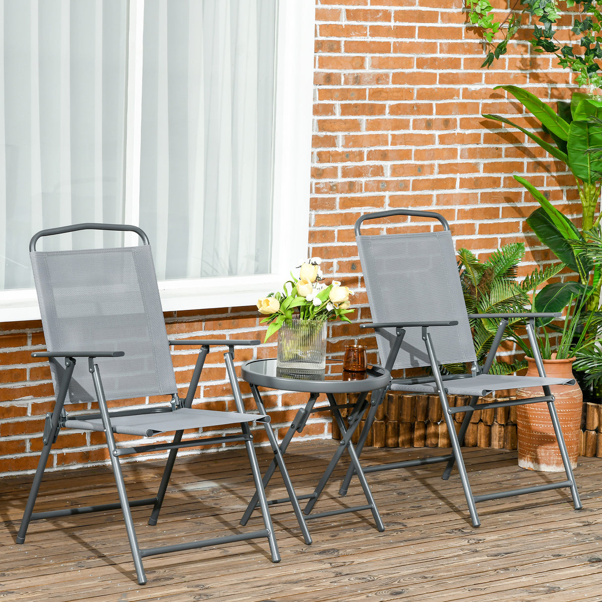 Metal 3 Pieces Garden Bistro Set With Round Glass Top Table - Velmora