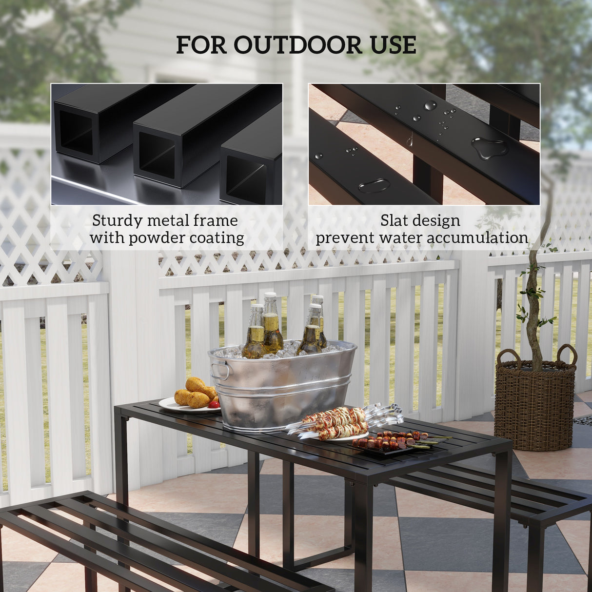 Metal 3 Pieces Garden Dining Set with 2 Benches in Slated Design - Velmora