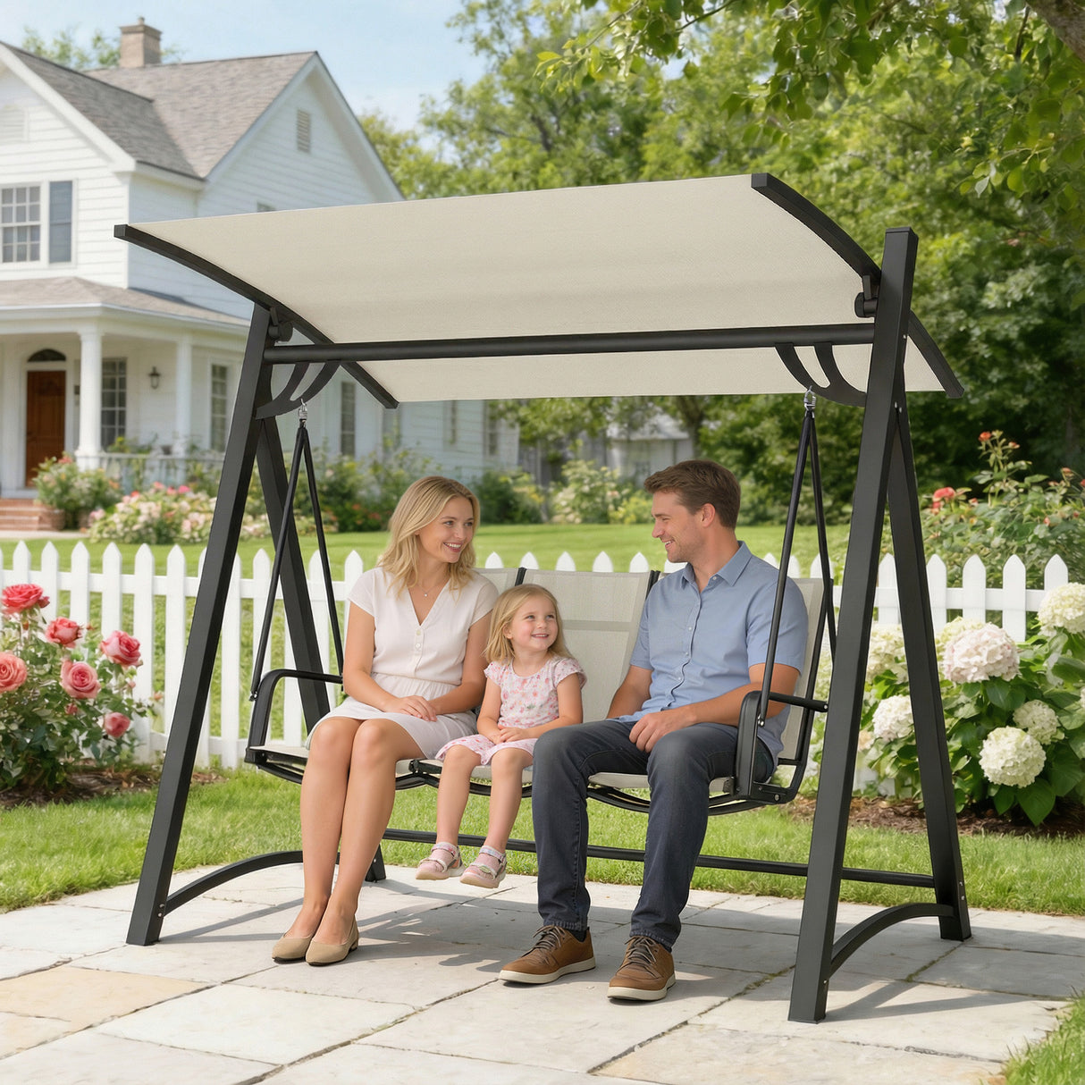 Metal 3 Seater Garden Swing Chair Bench With Adjustable Tilting Canopy - Velmora