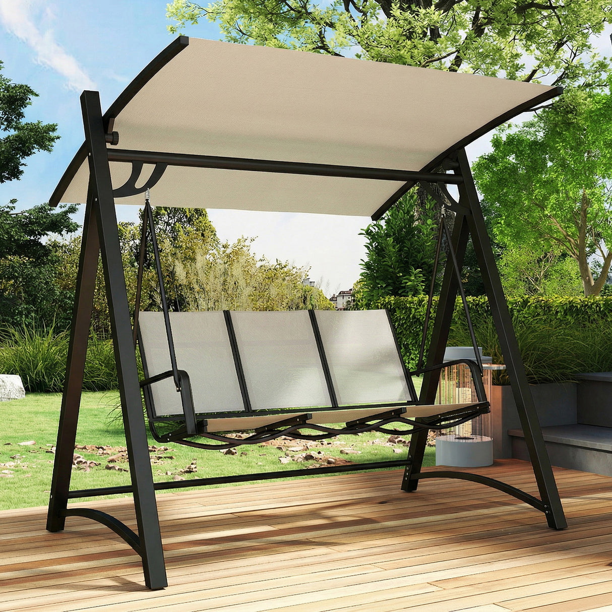 Metal 3 Seater Garden Swing Chair Bench With Adjustable Tilting Canopy - Velmora