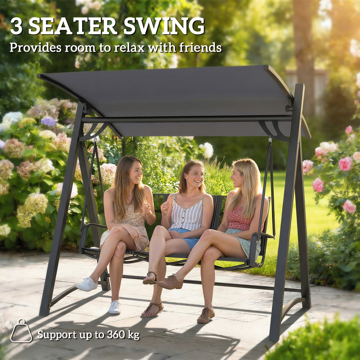 Metal 3 Seater Garden Swing Chair Bench With Adjustable Tilting Canopy - Velmora