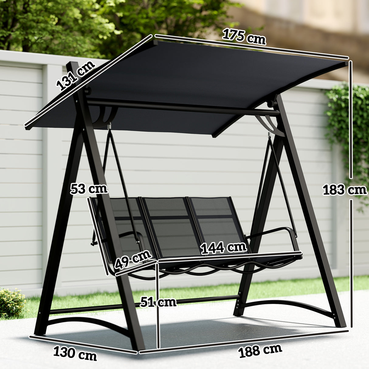 Metal 3 Seater Garden Swing Chair Bench With Adjustable Tilting Canopy - Velmora