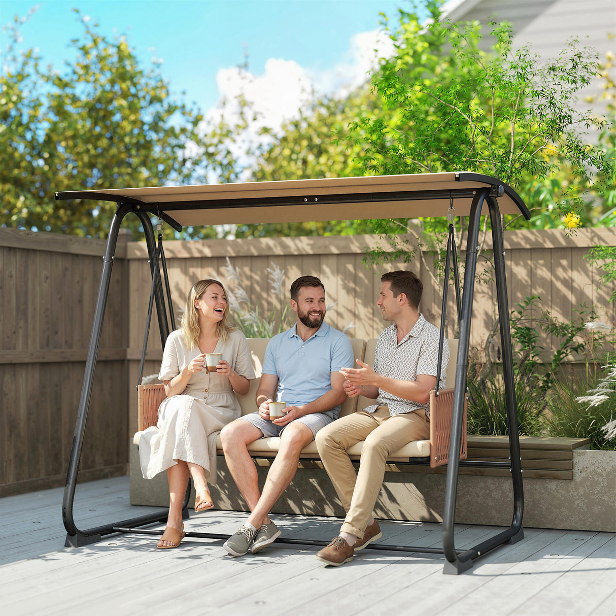 Metal 3 Seater Swing Chair Hammock Bench With Adjustable Canopy - Velmora