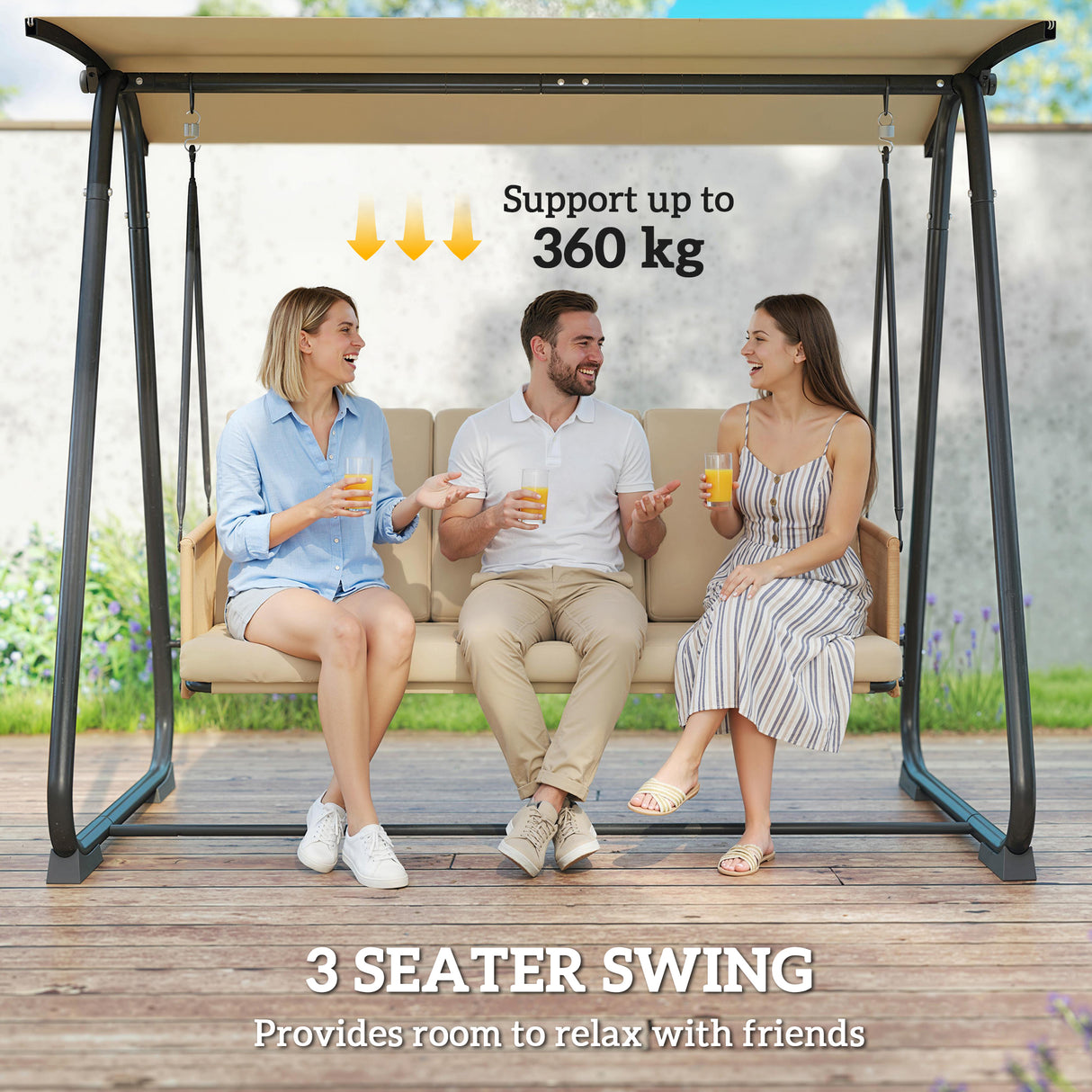 Metal 3 Seater Swing Chair Hammock Bench With Adjustable Canopy - Velmora