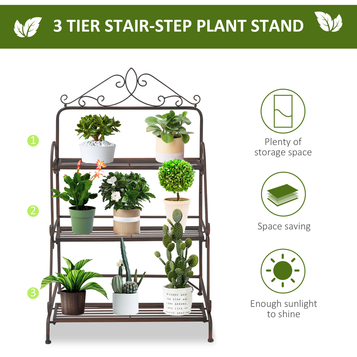 Metal 3 Tier Folding Plant Stand 60.5cm Wide - Velmora