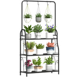 Metal 3 Tier Plant Stand 75cm Wide With Hanging Hooks - Velmora