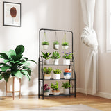 Metal 3 Tier Plant Stand 75cm Wide With Hanging Hooks - Velmora