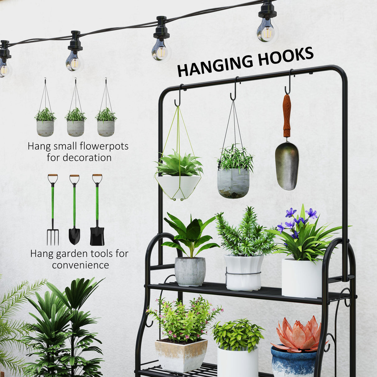 Metal 3 Tier Plant Stand 75cm Wide With Hanging Hooks - Velmora