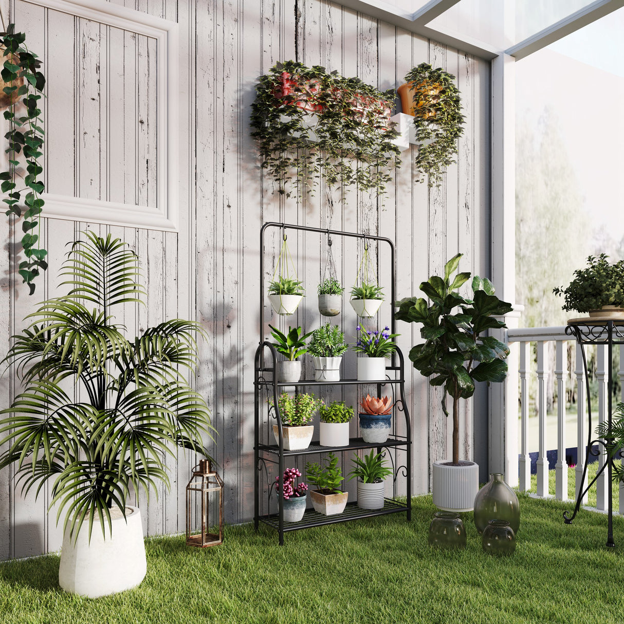 Metal 3 Tier Plant Stand 75cm Wide With Hanging Hooks - Velmora
