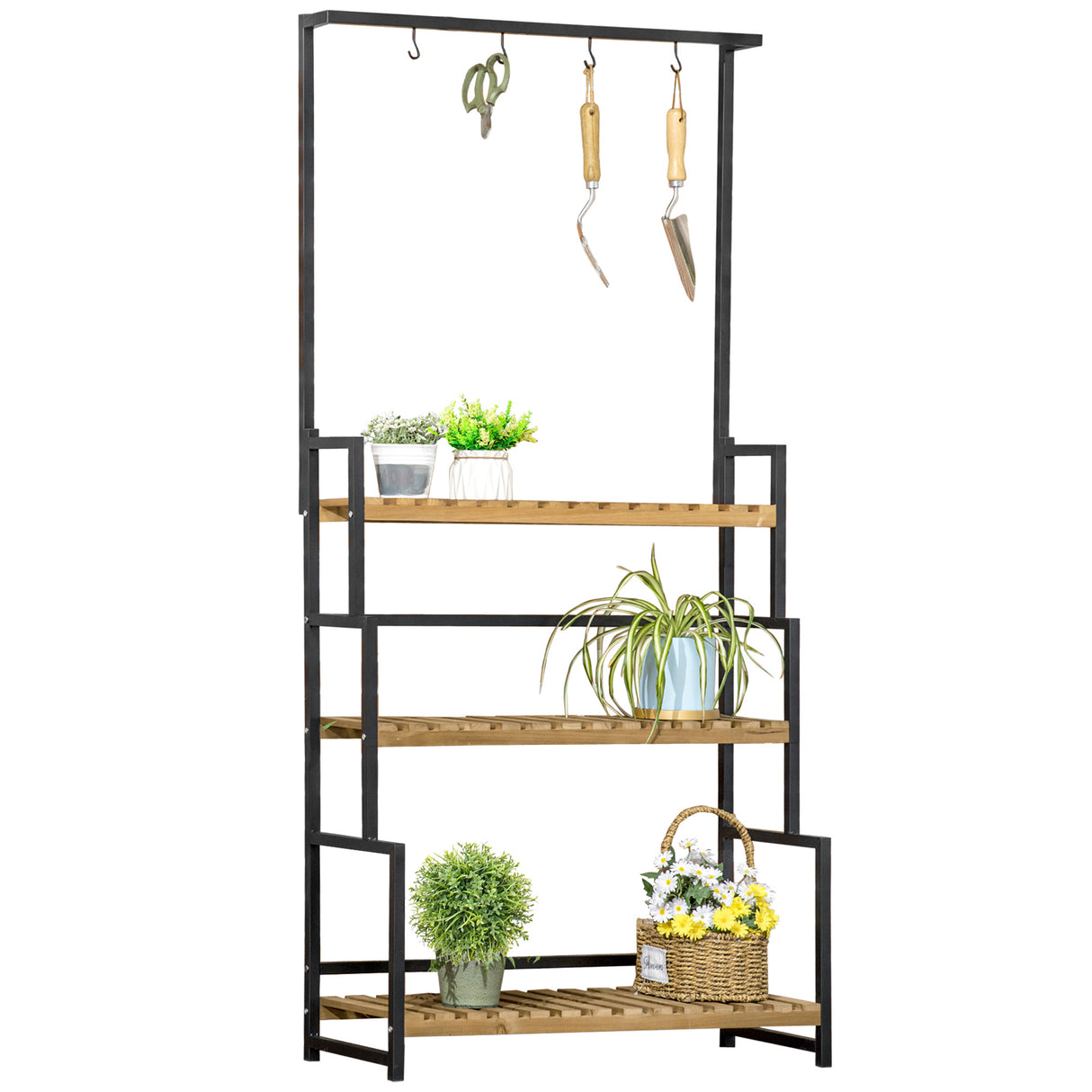 Metal 3 Tier Plant Stand 80cm Wide With Hanging Hooks - Velmora